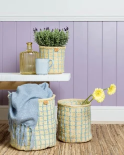 Agiza – Blue And Yellow Check Woven Storage Basket – Small -Household Decoration Shop Agiza blue and yellow check basket The Basket Room lifestyle shot