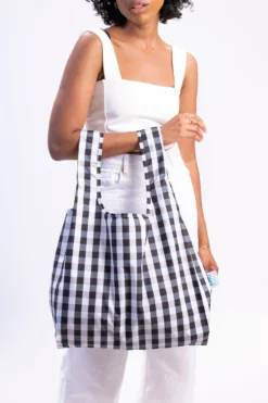 Reusable Medium Shopping Bag – Gingham Black And White Check -Household Decoration Shop Black and White Gingham reusable shopping bag kind bag lifestyle 2