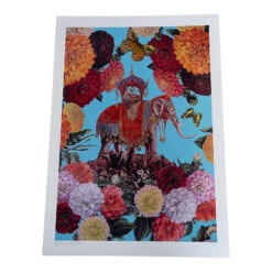 Elephant With Daliahs A3 Art Print