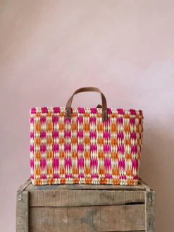 Chequered Reed Basket – Pink And Orange – Medium