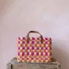Chequered Reed Basket – Pink And Orange – Small