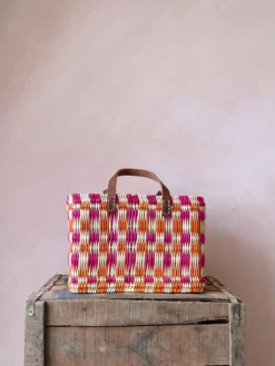 Chequered Reed Basket – Pink And Orange – Small