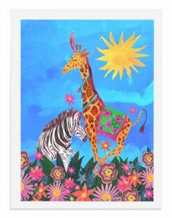 Dancing Giraffe And Zebra – A3 Art Print