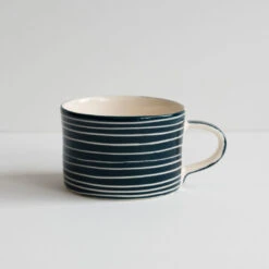 Handmade Teal Wide Mug – Sgraffito Stripe