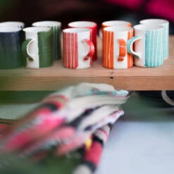 Handmade Espresso Mug – Moss Green Sgraffito Stripe -Household Decoration Shop Musango Espresso Mug Mint Sgraffito Stripe Group Lifestyle