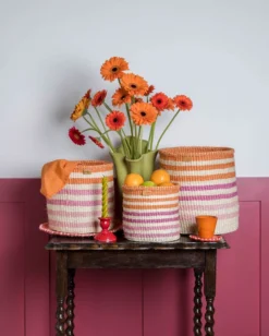 Safiri – Striped Woven Storage Basket – Medium -Household Decoration Shop Safiri orange pink and purple striped basket The Basket Room lifestyle shot
