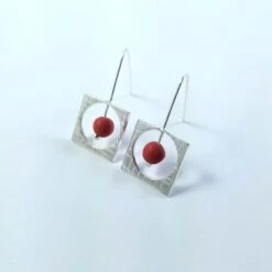Sterling Silver Square And Red Porcelain Bead Earrings