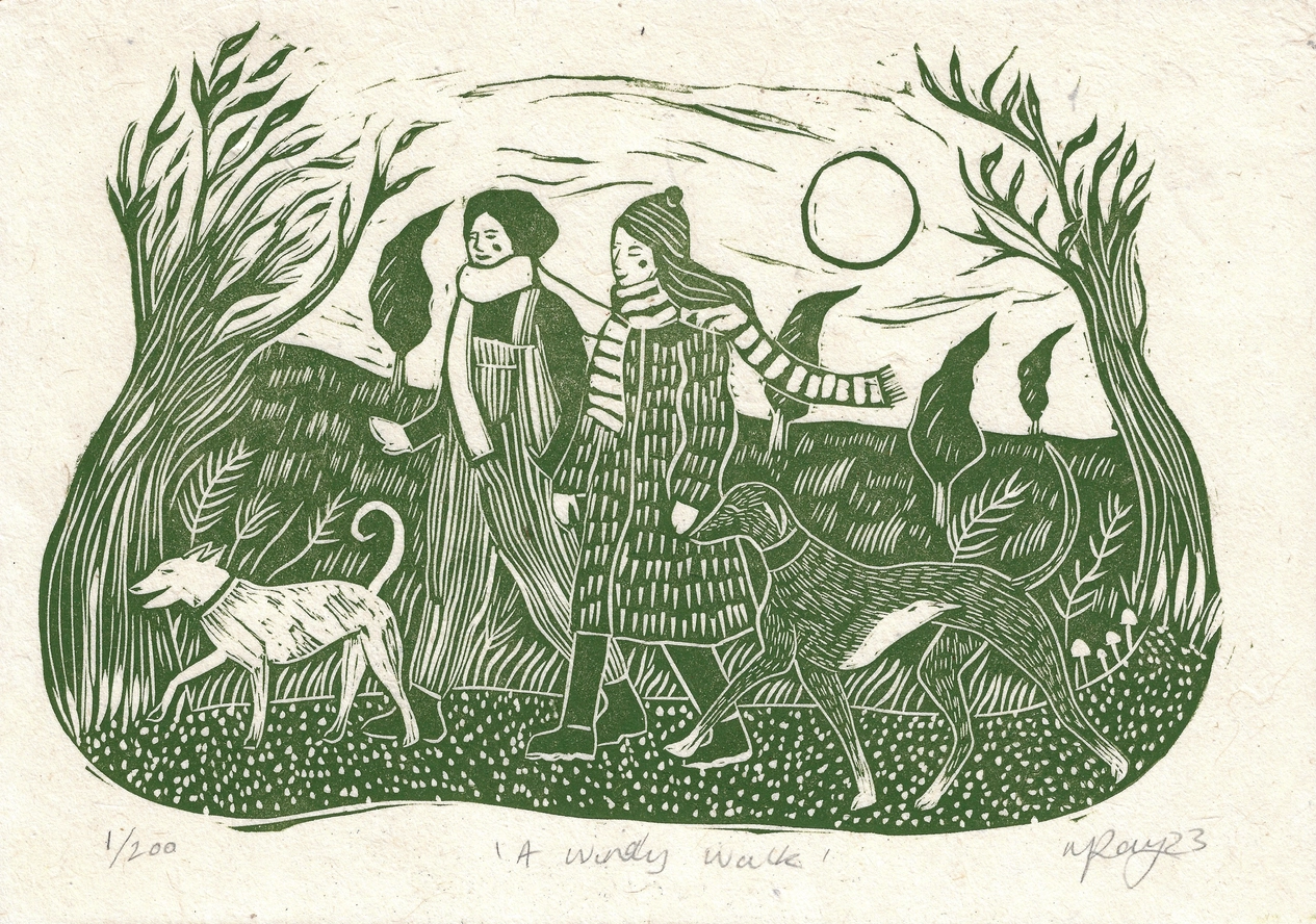 A Windy Walk Lino Print 1 A Windy Walk Lino Print