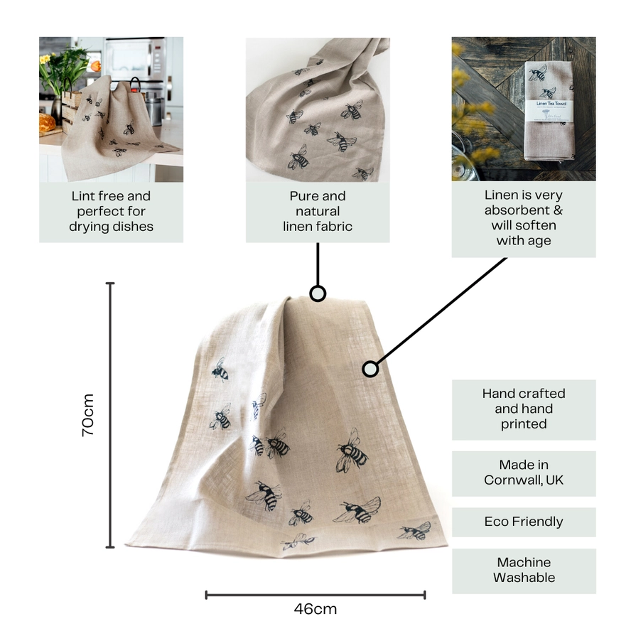 Bee Design Linen Tea Towel – Natural 3 Bee Design Linen Tea Towel – Natural - Image 3