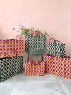Chequered Reed Basket – Pink And Orange – Medium -Household Decoration Shop checkered reed baskets green and pink lifestyle