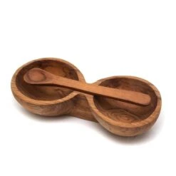 Olive Wood Double Bowl And Spoon Set