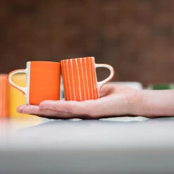 Handmade Espresso Mug – Tangerine Sgraffito Stripe