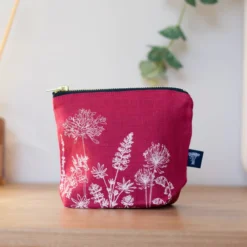 Linen Makeup Bag – Garden Design – Raspberry