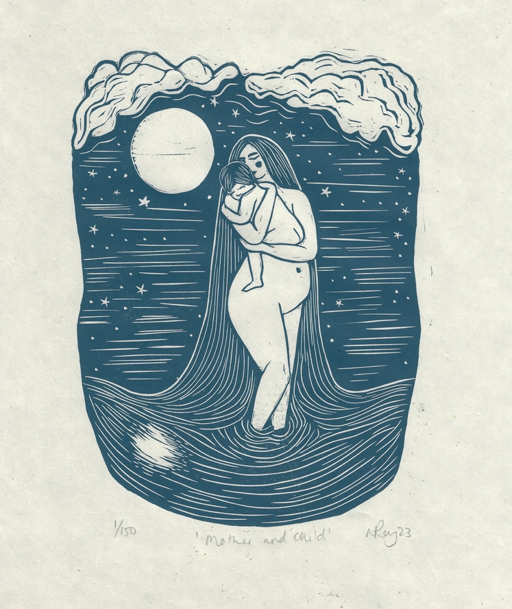 Mother And Child Linoprint