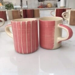 Handmade Rose Sgraffito Stripe Ceramic Espresso Cup